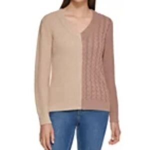 Calvin Klein Two-Tone Cable V-Neck Sweater in Beige and Rose